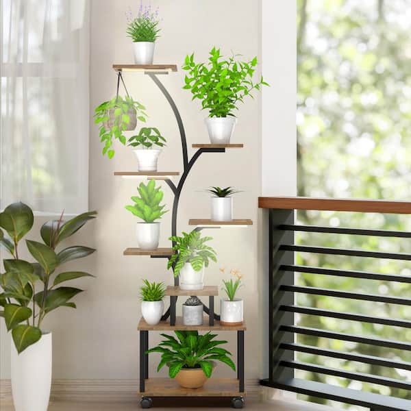 63 in. Rustic Brown 8-Tier Composite Wood Indoor Plant Stand with Plant  Grow Light HD-PS02 - The Home Depot