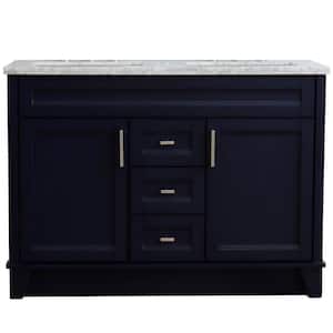49 in. W x 22 in. D Double Bath Vanity in Blue with Marble Vanity Top in White Carrara with White Rectangle Basins