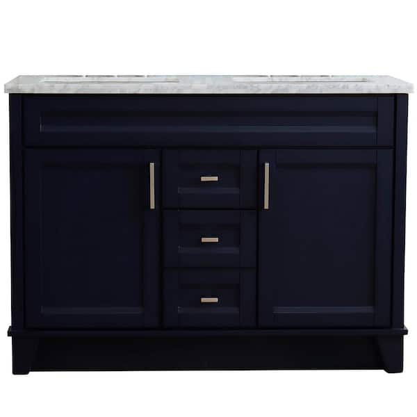Bellaterra Home 49 in. W x 22 in. D Double Bath Vanity in Blue with Marble Vanity Top in White Carrara with White Rectangle Basins