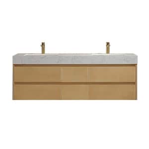 Marble Lux 60 in. W x 20.8 in. D x 21.2 in. H Floating Bathroom Vanity with 2 Sinks in Birch Wood with White Marble Top