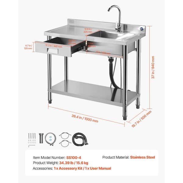 VEVOR 17 in. Stainless Steel Commercial Sink, Single Bowl Drawer