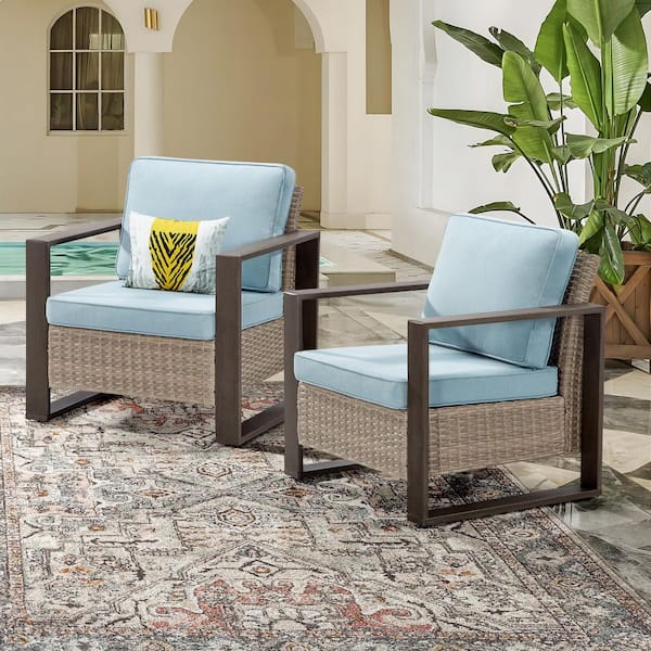 Brown Wicker Outdoor Lounge Chair with Light Blue Cushions (2-Pack)