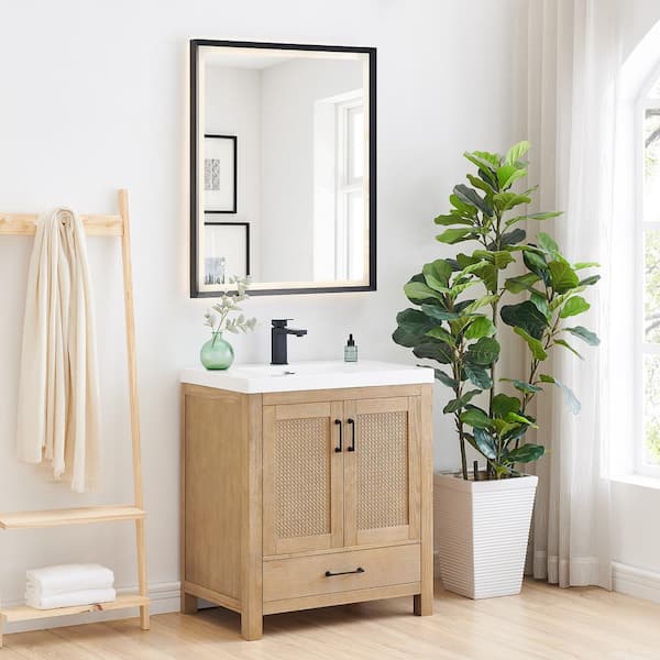 Bondi 30 in. W Single Sink Freestanding Bath Vanity in Light Brown with White Artificial Stone Top and Mirror