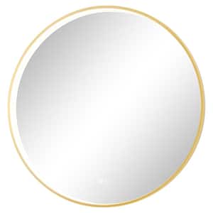 28 in. W x 28 in. H Large Round Framed Metal Modern Wall Mounted Bathroom Vanity Mirror in Gold