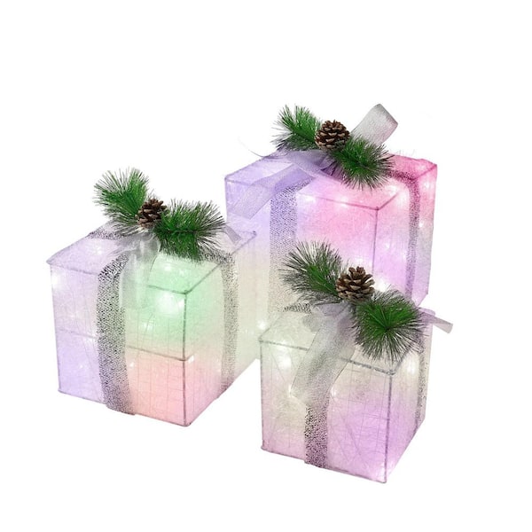 Christmas Lighted Gift Boxes, Valentine's Day Decorations Set of 3, Light up Present Boxes, 60 LED Multicolor Lights