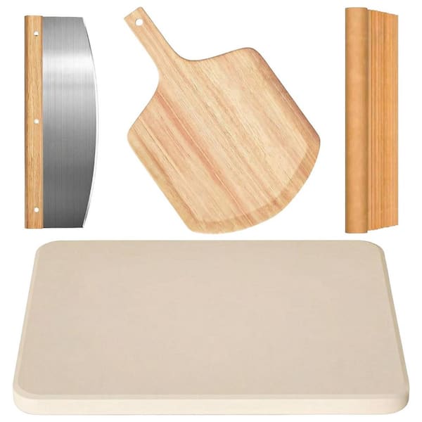 4-Piece Cordierite Pizza Stone Set Oak Wood Peel Steel Cutter Parchment Paper Oven Grill Compatible Kitchen Set