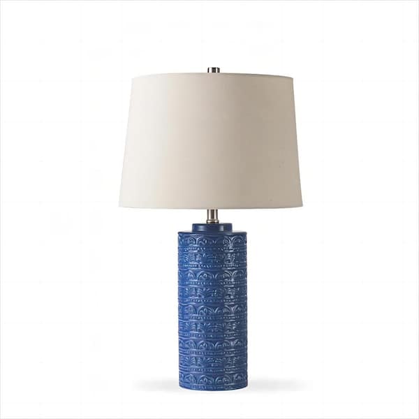 JAZAVA Habibat 24.5 in. H Boho Modern Ceramic Blue Bedside Table Lamp with Fabric Shades