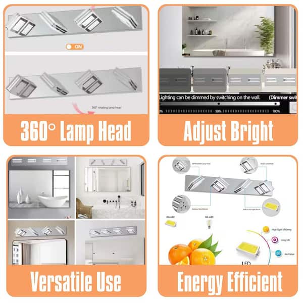 26 in. 4-Light Modern Chrome LED Vanity Light, Square Acrylic Lampshades Wall Mount, Suitable for Bathroom Lighting