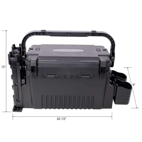 Tidoin 22.5 in. Black Dual-Layer Large Organizer Fishing Tackle Box with 2 Rod Holder, 2 Cup Holder and Strap