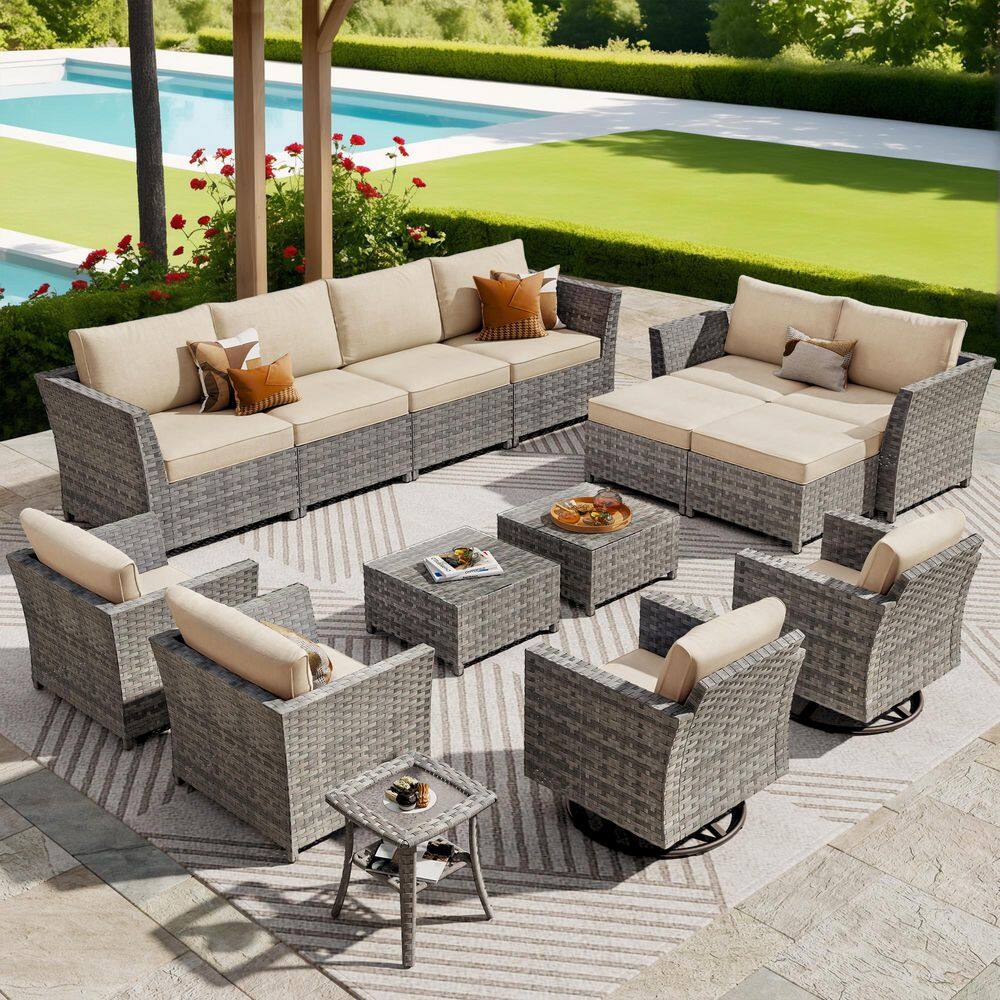 Carnation 15-Pieces Wicker Patio Conversation Sectional Sofa Set with Beige Cushions and Swivel Rocking Chairs price history on PriceWatchPro
