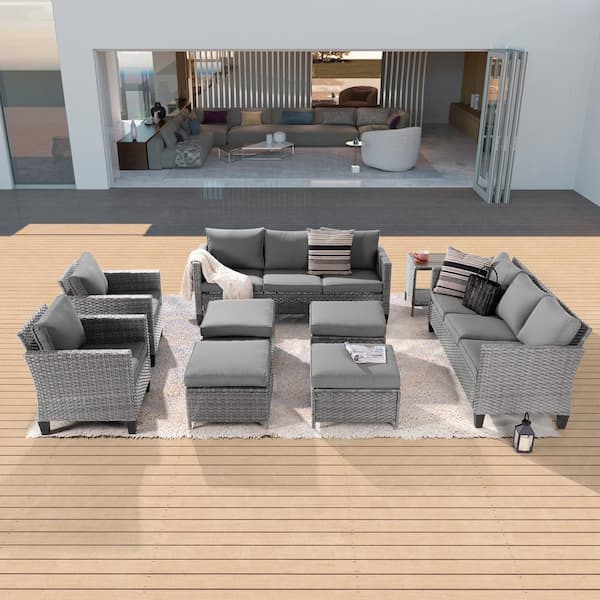 Sonkuki 9-Piece Patio Sofa Set Gray Wicker Outdoor Furniture Set with Side Table, Gray