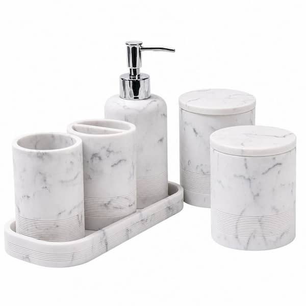 6-Piece Bathroom Accessory Set with Soap Dispenser, Vanity Tray, Tumbler, Cotton Swab Jar for Bathroom Organizer, Marble