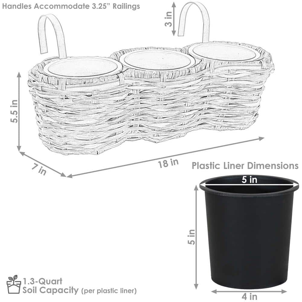 Frost Polyrattan Over-the-Rail Tri-Planter with Black Liners