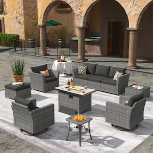 Bexley Gray 10-Piece Wicker Rectangle Fire Pit Patio Conversation Set with Black Cushions and Swivel Chairs
