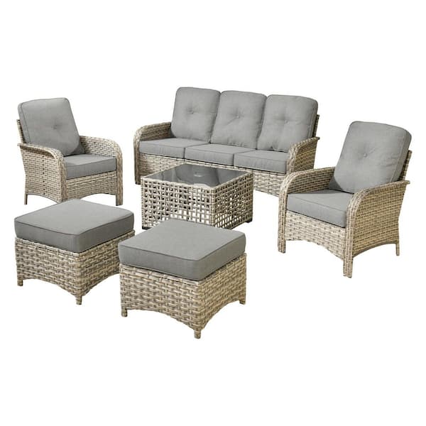 Ruby 6-Piece Wicker Outdoor Furniture Patio Conversation Sofa Set with a Solar-LED Coffee Table and Dark Grey Cushions