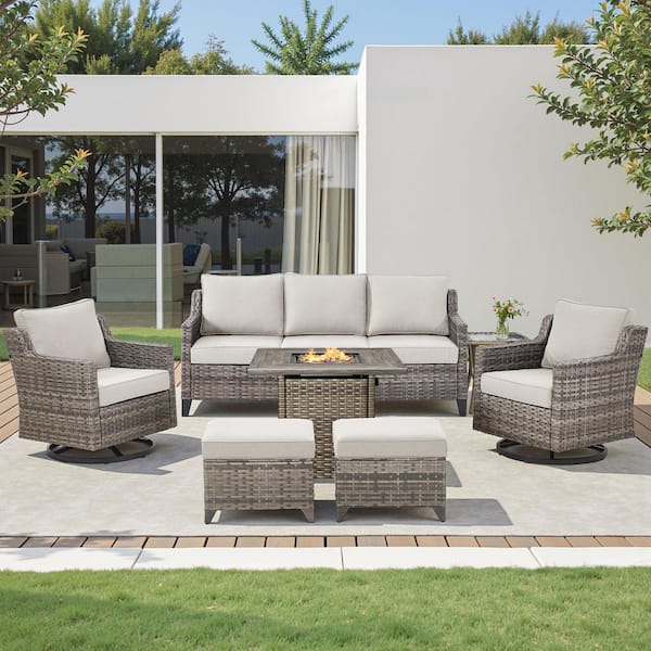 Hort 7-Piece Wicker Outdoor Fire Pit Patio Conversation Sofa Sets with Swivel Glider Rocking Chairs with Beige Cushions