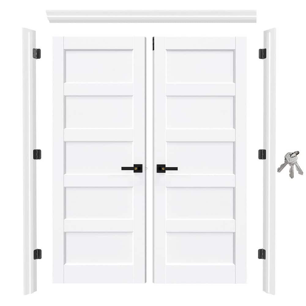 TENONER 60 in. x 80 in. Primed Wood 5-Panel Doors with Assembly