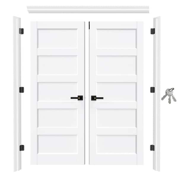 60 in. x 80 in. Primed Wood 5-Panel Doors with Assembly Required Door Jambs, Privacy Levers and Top Latch, Universal