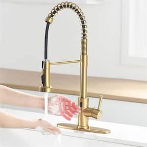 Single Handle Touchless Gooseneck Commercial Pull Down Sprayer Kitchen Faucet with Deckplate Included in Brushed Gold