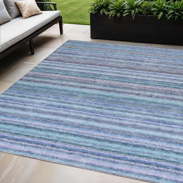Sky Blue, Navy Blue 5 ft. x 8 ft.  Woven Striped Polyester Rectangle Indoor / Outdoor Area Rug