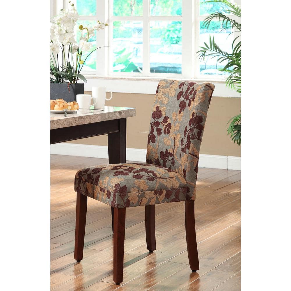 Brown Floral Upholstered Parsons Side Chair with Wood Legs