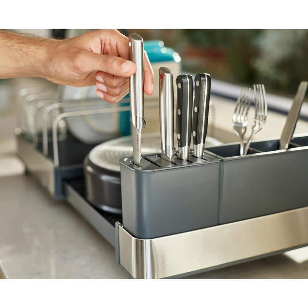 Steel Expanding Dish Rack with Utensil Cup and Draining Spout