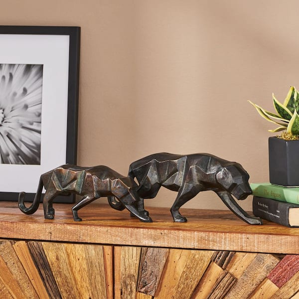 Unbranded Black Charcoal 12 in. x 5 in. Metal Leopard Figurine for Home Decor, Set of 2
