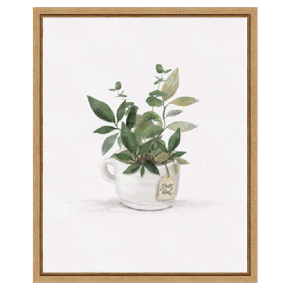 Botanical Mug I Green Leaves on White Canvas with Maple Frame