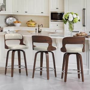 Edwards 26 in.Cream Gray Faux Leather Swivel Bar Stool with Solid Walnut Wood Frame Bentwood Counter Stool 3-pack