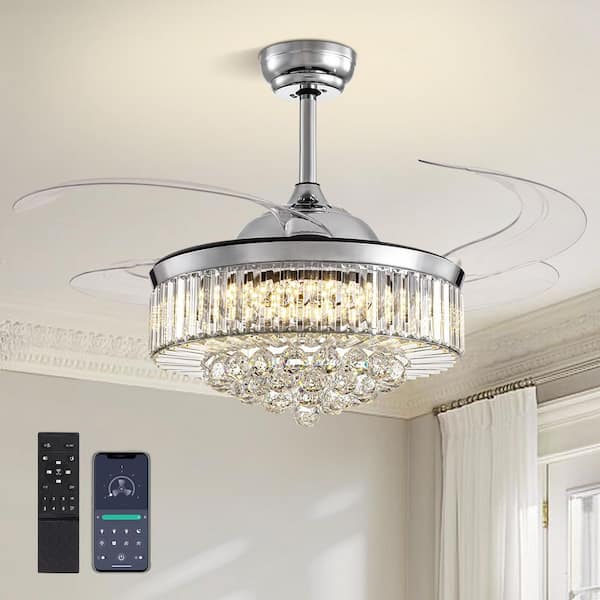 48 in. Indoor Modern Chrome Crystal Chandelier Ceiling Fan with Dimmable LED Lights with Remote Included
