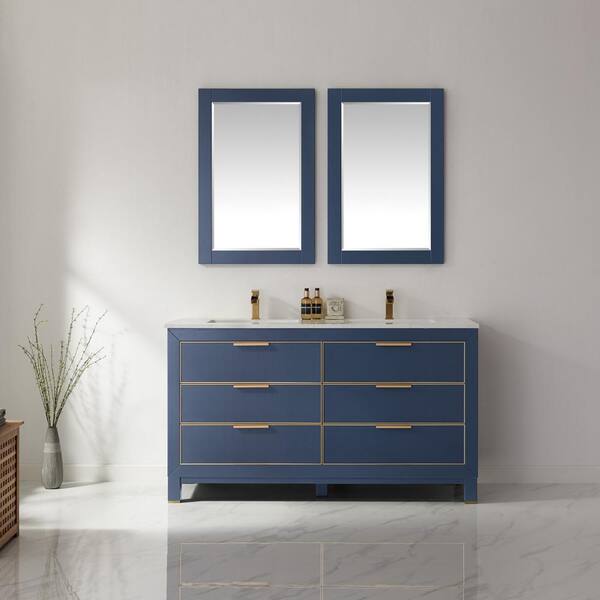 Altair Jackson 60 In Double Bathroom Vanity Set Royal Blue And Composite Carrara White Stone Countertop With Mirror 533060 Rb Aw The Home Depot - Joy Bathroom Sink Vanity Set White Marble Top Blue 42