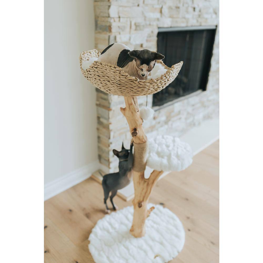Alpine White Wooden Cat Tree with Wicker Basket