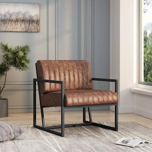 26 in. W Brown Faux Leather Steel Arm Chair (Set of 1)