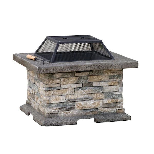 Outdoor 29 in. Stone Gray Square Wood Burning Patio Fire Pit