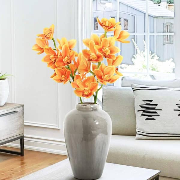 LIVING LUXURY 31 in. Large Orange Artificial Cymbidium Orchid