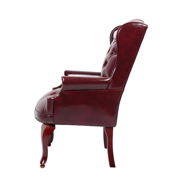 Wing Back Chair Burgundy Vinyl Mahogany Button Tufted Brass Nail Heads