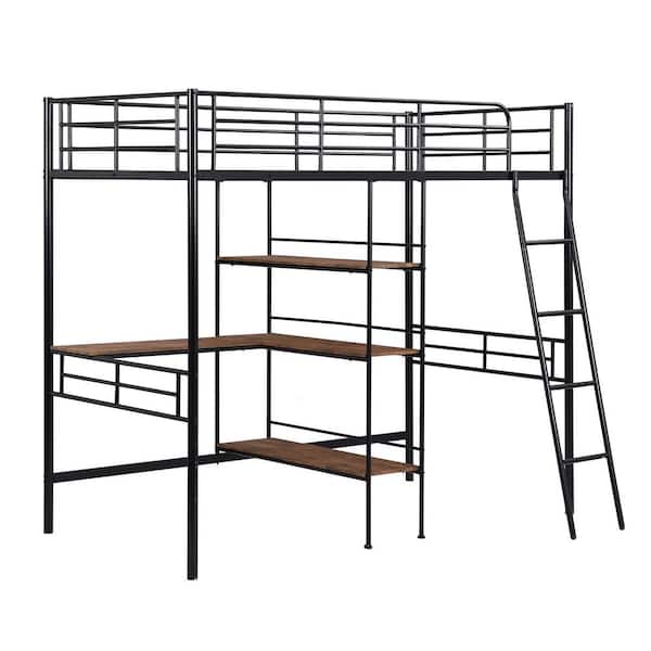 Utopia 4niture Yann Black Twin Size Metal Loft Bed with Built-in Desk and 3-Tier Shelves