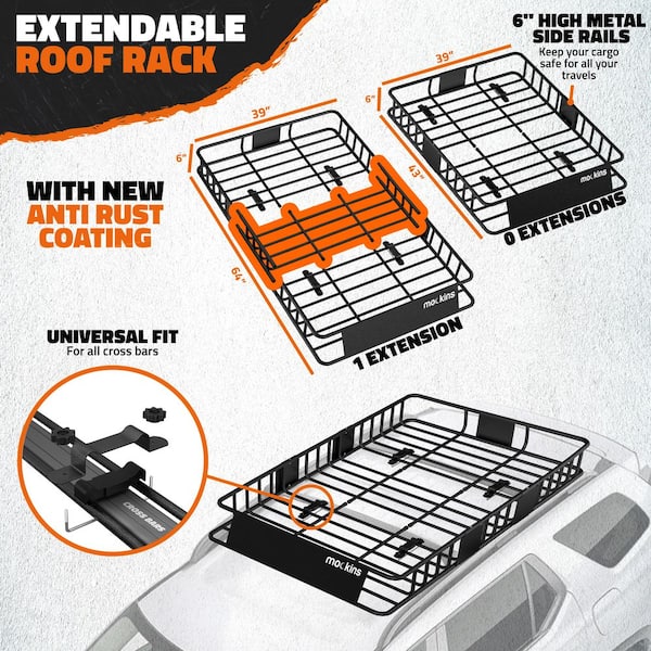 Mockins 250 lbs. Roof Rack Basket with 20 CF Roof Bag - Roof Rack Cargo Basket Adjusts from 43-64 in. L x 39 in. W x 6 in. H