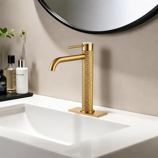Single Handle High-Arc Single Hole Bathroom Faucet Adjustable Water Flow and Temp Rust-Resistant in Brushed Gold