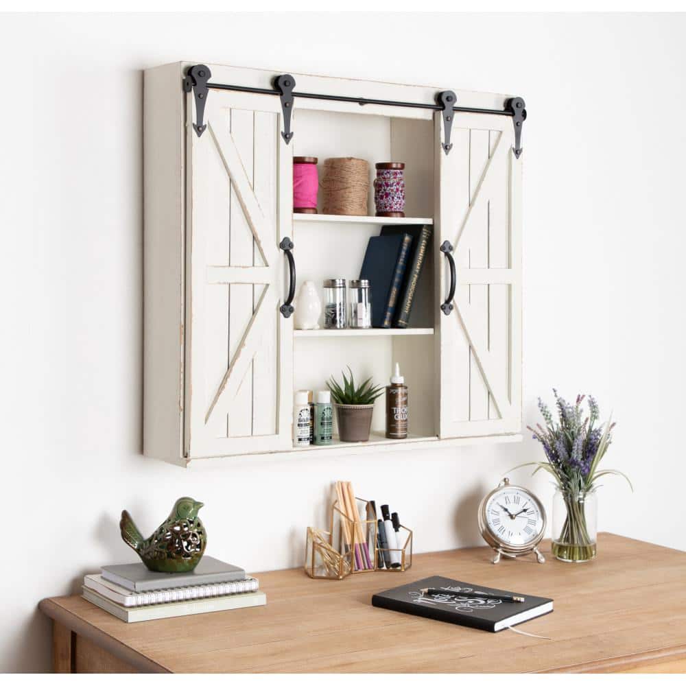 White Farmhouse Wood Wall Storage Cabinet with Sliding Barn Doors