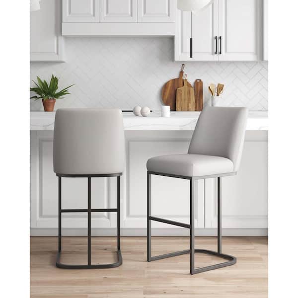 Serena Modern 29.13 in. Light Grey Metal Bar Stool with Faux Leather Upholstered Seat (Set of 2)