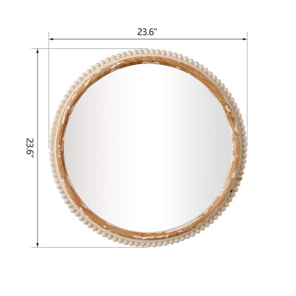 24 in. W x 24 in. H Antiqued White Beaded Wood Round Framed Wall Bathroom Vanity Mirror