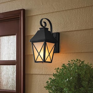 1-Light Midnight Black Integrated LED Outdoor Flicker Flame Effect Decorative Selectable Color Lantern Sconce Wall Light