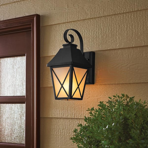 16.3 in. Midnight Black Outdoor Hardwired Integreated LED Flicker Flame Effect Color Selectable Wall Lantern Sconce