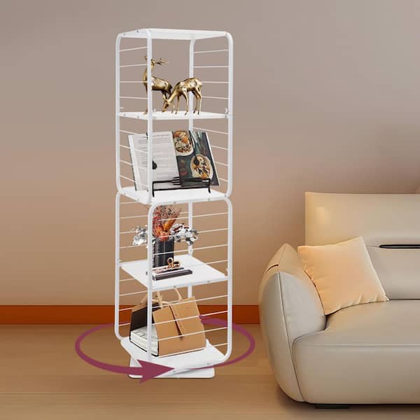 YIYIBYUS White 62 in. Tall 4-Shelf Metal Iron Bookcase Modern Free Standing 360° Rotating Bookshelf