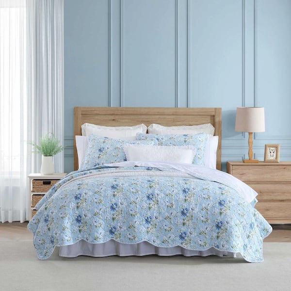 Laura Ashley Peony Garden 3-Piece Blue Reversible 100% Cotton King Quilt Set