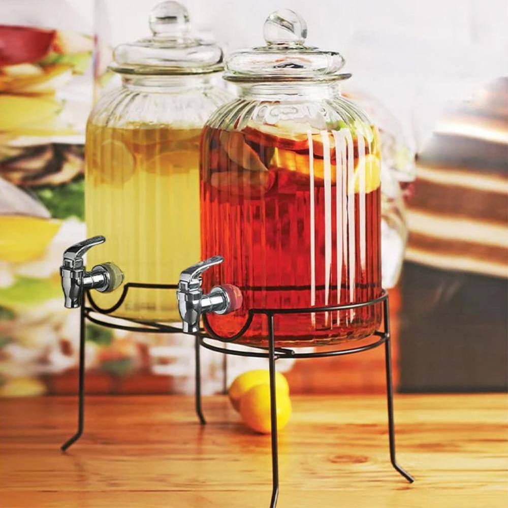 Clear Ribbed Glass Beverage Dispenser Set with Metal Stand