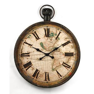 Rustic Iron Vintage Map Face and Roman Numeral Clock