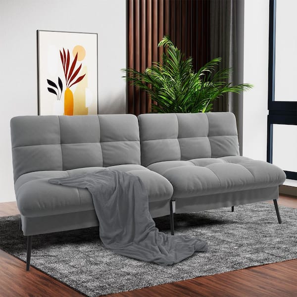 Gray Fabric Futon Couch with Adjustable Backrest Convertible Futon Sofa Bed with Metal Legs Convertible Sofa Bed