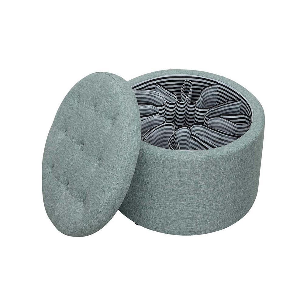 Tufted Round Green Faux Linen Shoe Ottoman with 12 Compartments